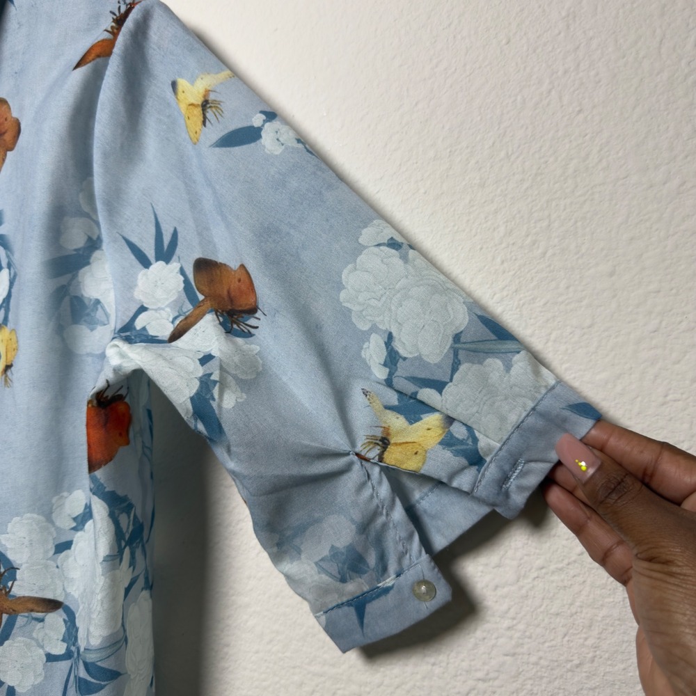 Women Cotton Top Large Blue Floral Butterfly Novelty Peter Pan Collar Preppy - Picture 6 of 6
